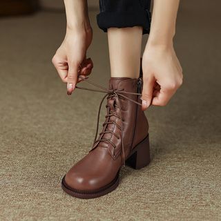 Lace-Up Block Heel Short Boots