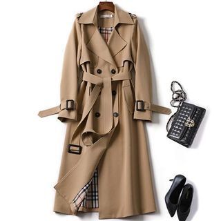 Lapel Collar Plain Sashed Double-Breasted Long Trench Coat