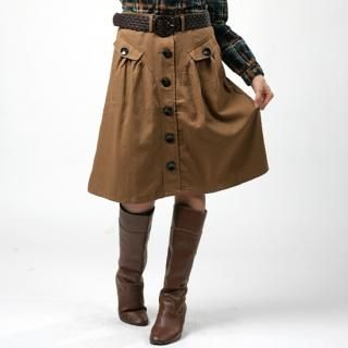 Set: Buttoned A-Line Twill Skirt + Faux Leather Belt