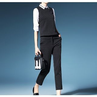trendedge Set: Plain Shirt + Striped Vest + Striped Pants