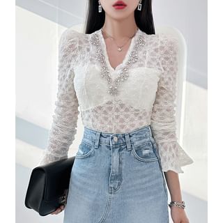 Rhinestone-Neck Sheer-Lace Blouse Ivory - One Size