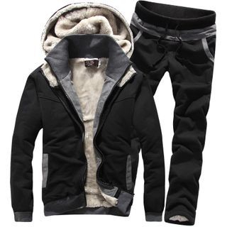 Bay Go Mall Set: Fleece-lined Mock Two-piece Hooded Jacket + Sweatpants
