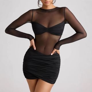 Long-Sleeve Crew Neck Plain Mesh Panel See-Though Ruched Mini Bodycon Dress