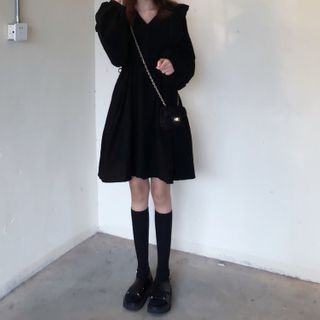 Long-sleeve | Chiffon | Black | Dress | Mini | Size | One