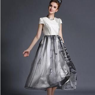 Ovette Short-Sleeve Lettering Chiffon Maxi Dress