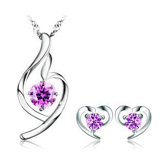 BELEC 925 Sterling Silver with Purple Cubic Zircon Necklace and Stud Earrings Sets