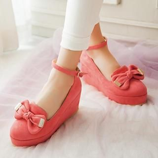 Sidewalk Ankle-Strap Bow-Accent Wedge Pumps