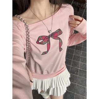 Long Sleeve Boat Neck Bow Print T-Shirt