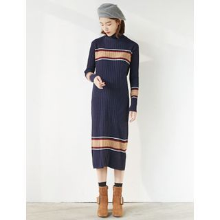 FROMBEGINNING Striped Wool Blend Midi Rib-Knit Dress