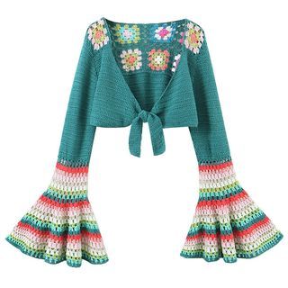 Bell Sleeve Crochet Crop Tie Front Cardigan Pink & White & Green - One Size