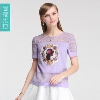 Sentubila Short-Sleeve Lace Print T-Shirt