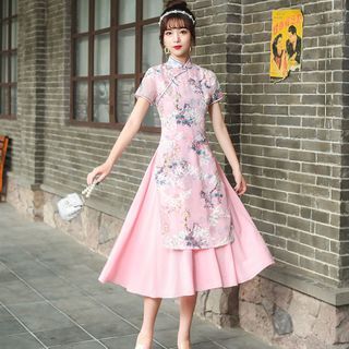 Short-sleeve Floral Print Midi A-line Qipao