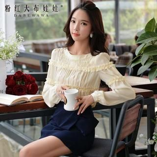 Dabuwawa Long-Sleeve Frilled Lace Panel Blouse