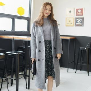 AC Double-Breasted Long Wool Coat with Corsage