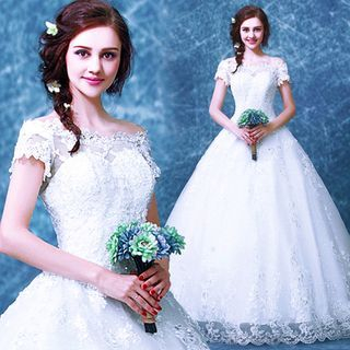 Angel Bridal Short-Sleeve Paneled Ball Gown Wedding Dress