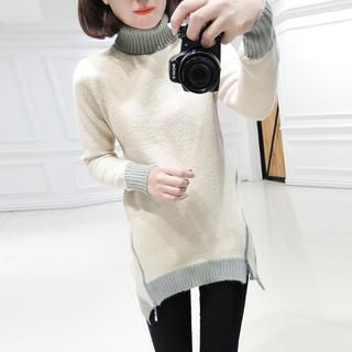 AIGIL Turtleneck Color-Block Zip Hem Sweater
