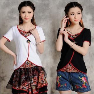 Sayumi Mock Two-Piece Short-Sleeve Embroidered Top