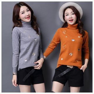 Mistee Cable Knit Turtleneck Embroidered Sweater