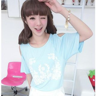 59 Seconds Cutout-Shoulder Printed Loose-Fit T-Shirt Blue - One Size
