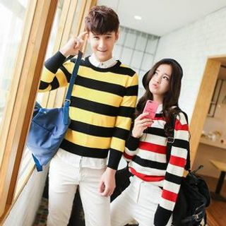 Simpair Color Mixed Striped Hedging Long-Sleeved Sweater