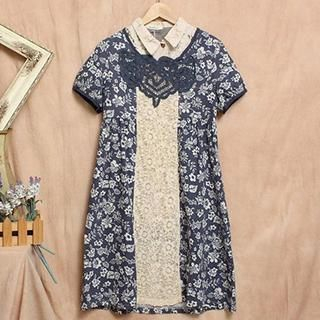 Blue Hat Short-Sleeve Lace-Panel Patterned Dress