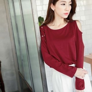 Tokyo Fashion Long-Sleeve Shoulder Cut Out Studded T-Shirt