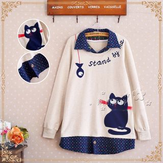 YR Fashion Cat Mock Two Piece Pullover