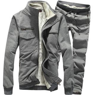 Chic Maison Set: Fleece-Lined Zip-Accent Jacket + Drawstring Fleece-Lined Pants