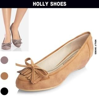 Bow-Accent Faux-Suede Wedge Pumps