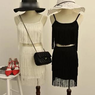 MISS LUCY Set: Fringed Sleeveless Top + Fringed Pencil Skirt