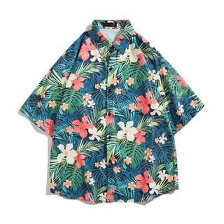 Elbow-Sleeve Floral Print Button-Up Shirt