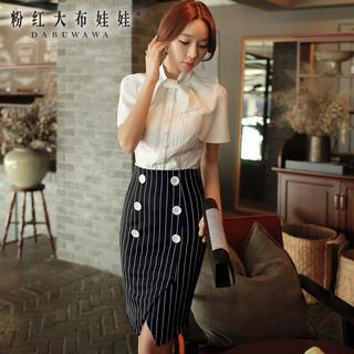 Dabuwawa Button-Accent Striped Pencil-Cut Skirt