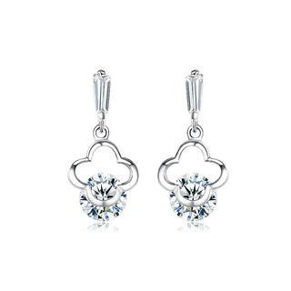 BELEC Simple 925 Sterling Silver Four-leafed Clover with White Cubic Zircon Earrings