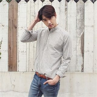 MITOSHOP Mandarin-Collar Plaid Shirt