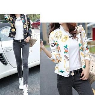 Camellia Long Sleeved Print Baseball Jacket