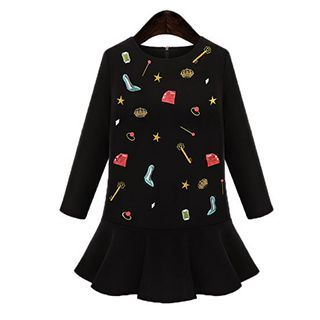 Eloqueen Long-Sleeve Ruffle-Hem Embroidered Dress