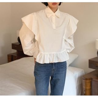 Long-Sleeve Plain Ruffle Trim Blouse