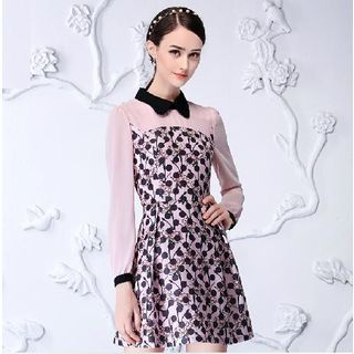 Sentubila Long-Sleeve Polka Dotted Pleated A-Line Dress