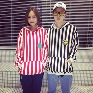 Teezone Couple Matching Hooded Striped Pullover
