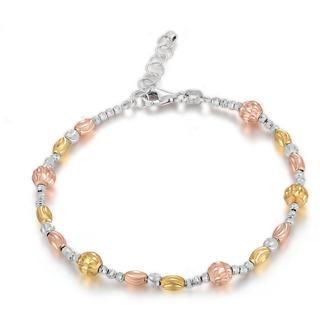 MaBelle 18K Tri Color White Rose Yellow Gold Assorted Diamond-Cut Beads Bracelet (6.5