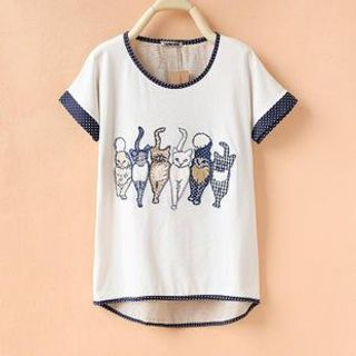 Cute Colors Short-Sleeve Cat Appliqu  T-Shirt