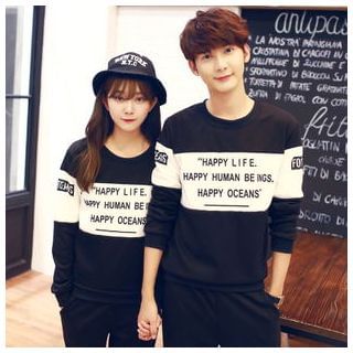 Azure Couple Matching Colour Block Letter Pullover