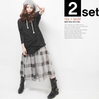 Set: Hooded Top + Check Long Skirt