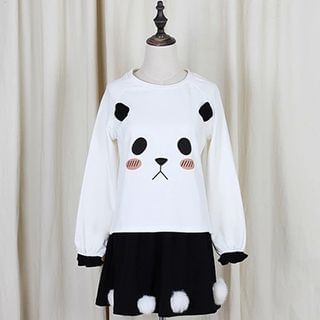 GOGO Girl Set: Panda Print Pullover + Furry Ball Skirt