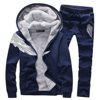 Danjieshi Set: Hooded Print Zip Jacket + Sweatpants