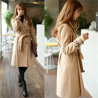 One's Ozzang Double-Breasted Wool Blend Coat with Belt