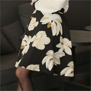 CHICLINE Linen A-Line Floral Skirt
