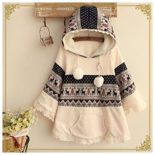 Angel Love Deer Pattern Knit Panel Hood Cape