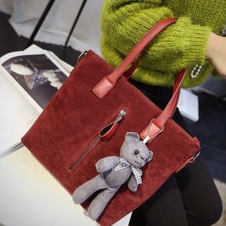 Donini Bags Faux Suede Tote with Bear Charm
