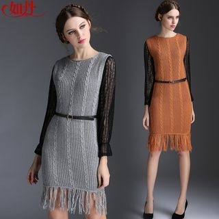 Kotiro Set: Long-Sleeve Lace Top + Sleeveless Cable Knit Dress